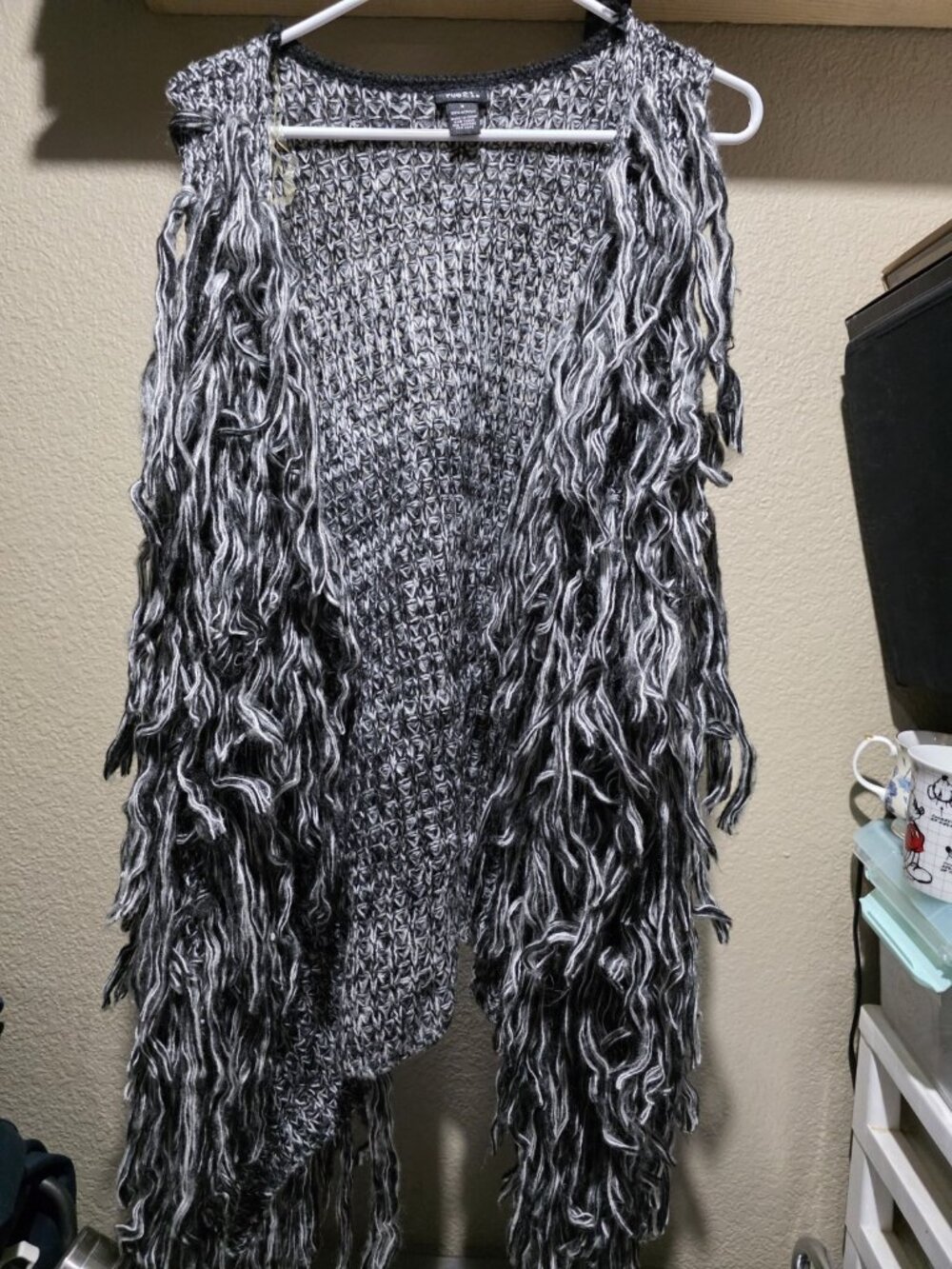 Rue 21 Gray Black Open Front Knit Cardigan Fringe Women's Small Y2K Draped Front